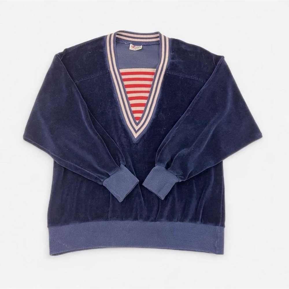 Vintage Aileen Sport Velour Pullover M Navy Blue Striped V-Neck Made In USA 80s